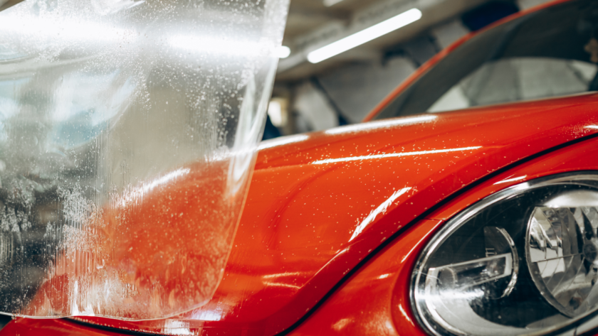 Close-up of a red car being installed with paint protection film at a car detailing studio