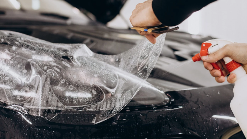 Close-up of an installer applying transparent paint protection film on a black car
