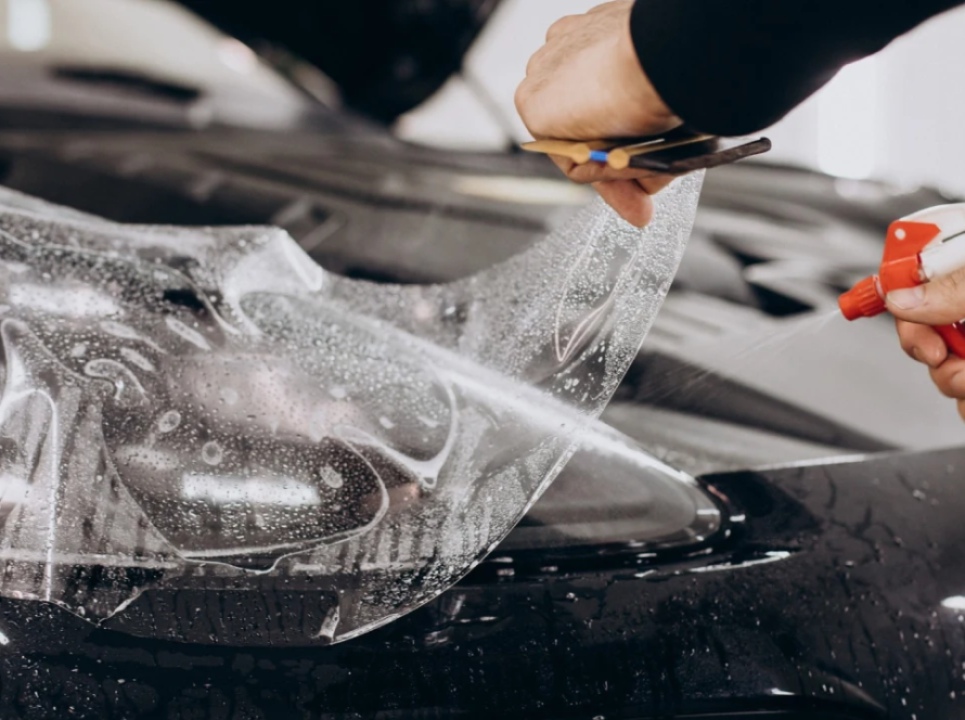 Close-up of an installer applying transparent paint protection film on a black car